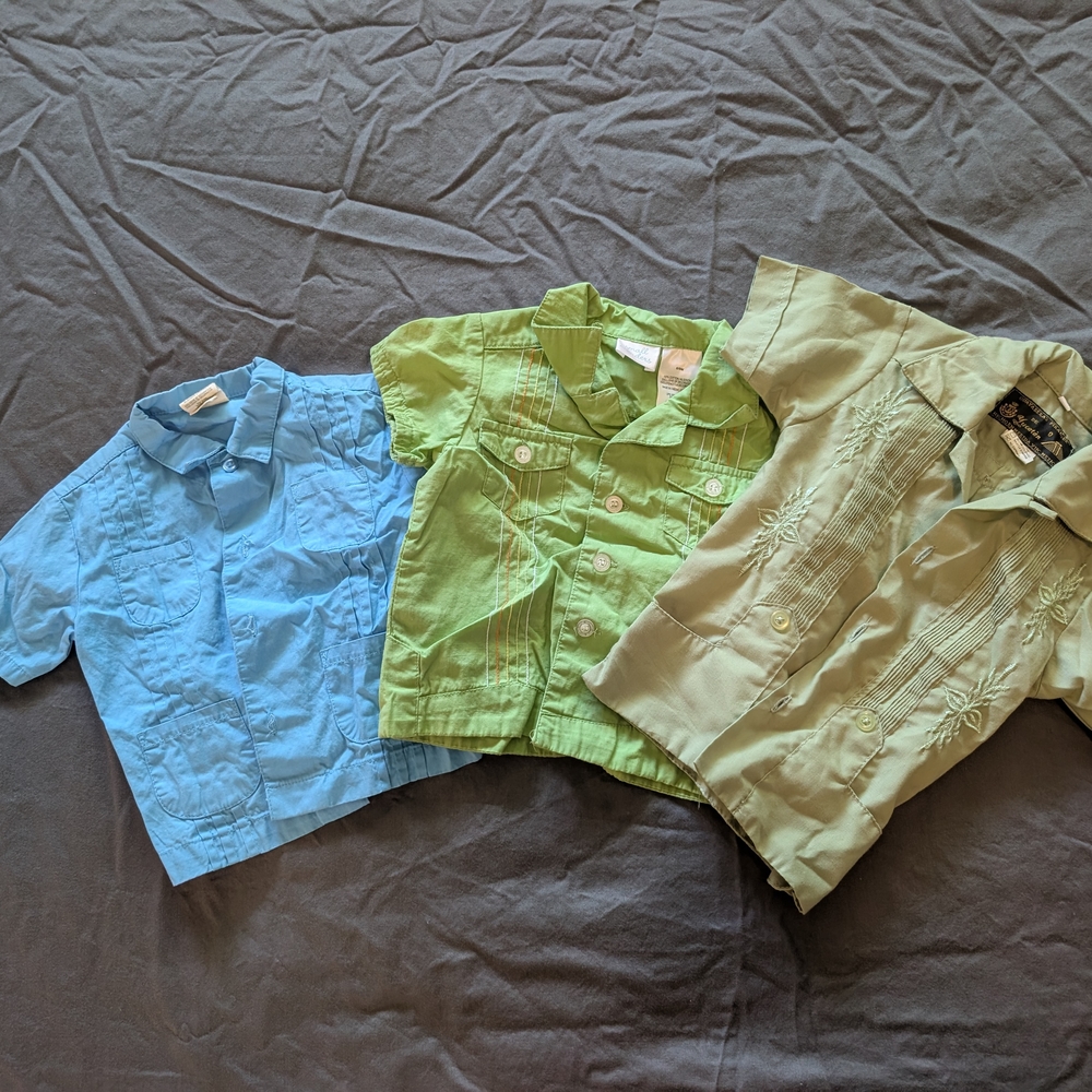Kids Short Sleeve Button-Up Shirts - Blue, Green, and Tan LOT
